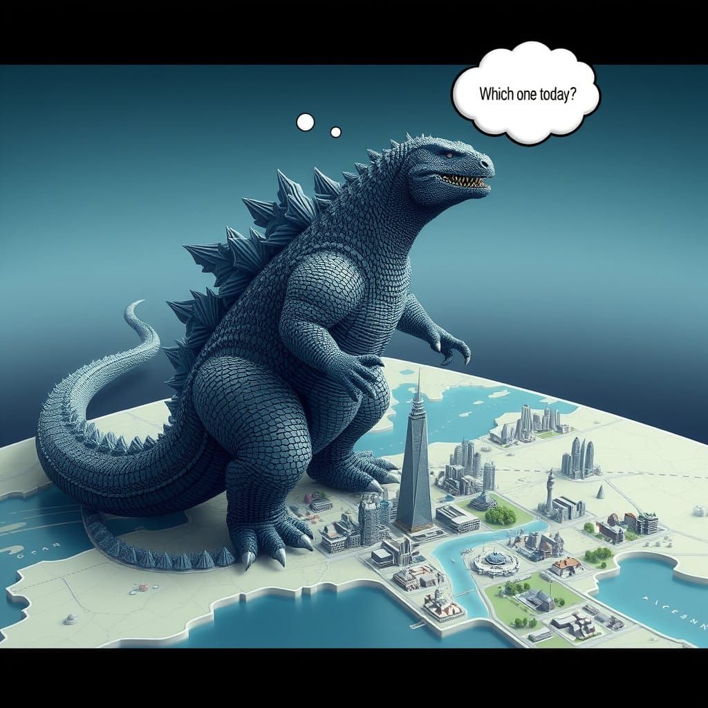 Godzilla Contemplates Which City to Destroy in His Domain