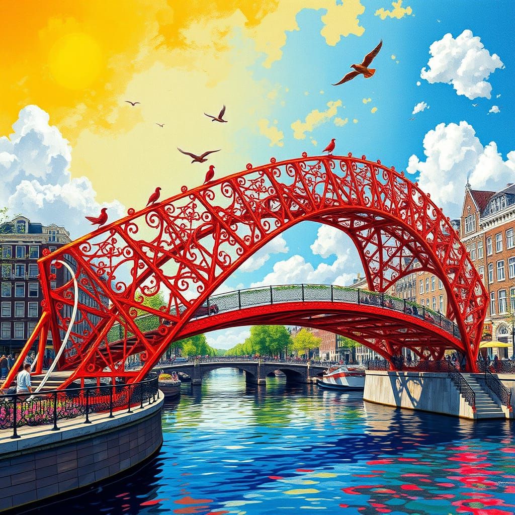 Vibrant Oil Painting of a Whimsical Bridge in Amsterdam's Ca...