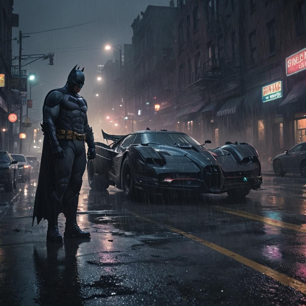 Batman and Batmobile in Noir Gotham Comic Art