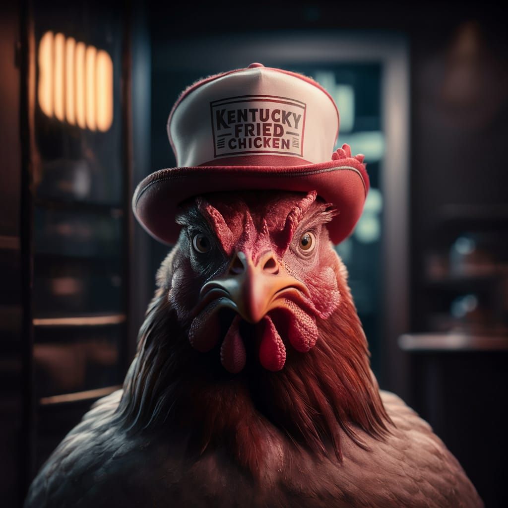 Grumpy Chicken in KFC Hat: Hyperrealistic Image