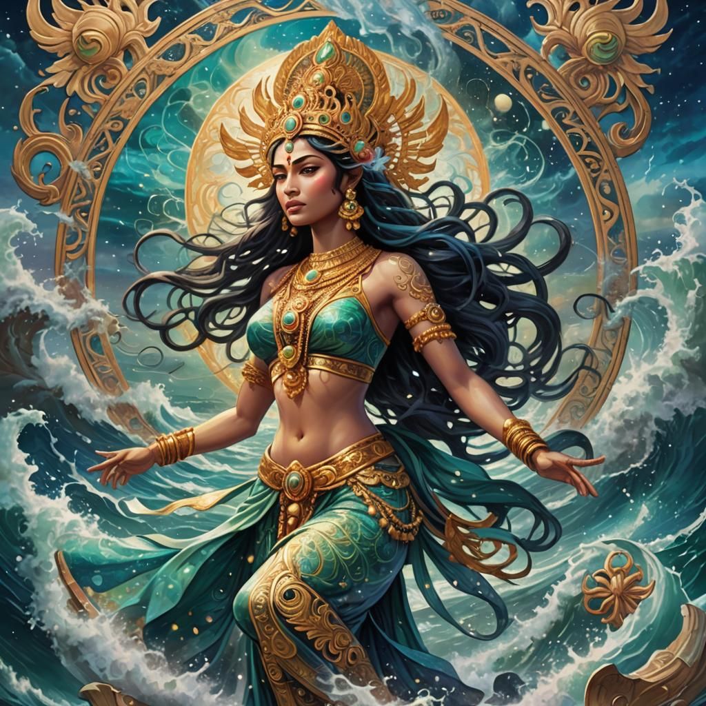 Art nouveau Indian Hindu Apsara beings commanding the sea to...