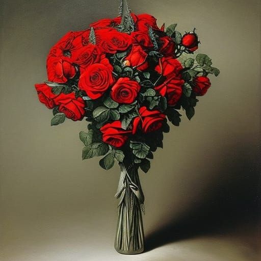 Dramatic Red Roses Bouquet in Horror Engraving Style