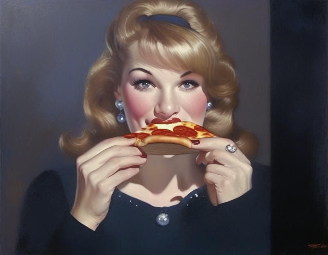 Woman Eating Pizza in Pin-Up Illustration Style