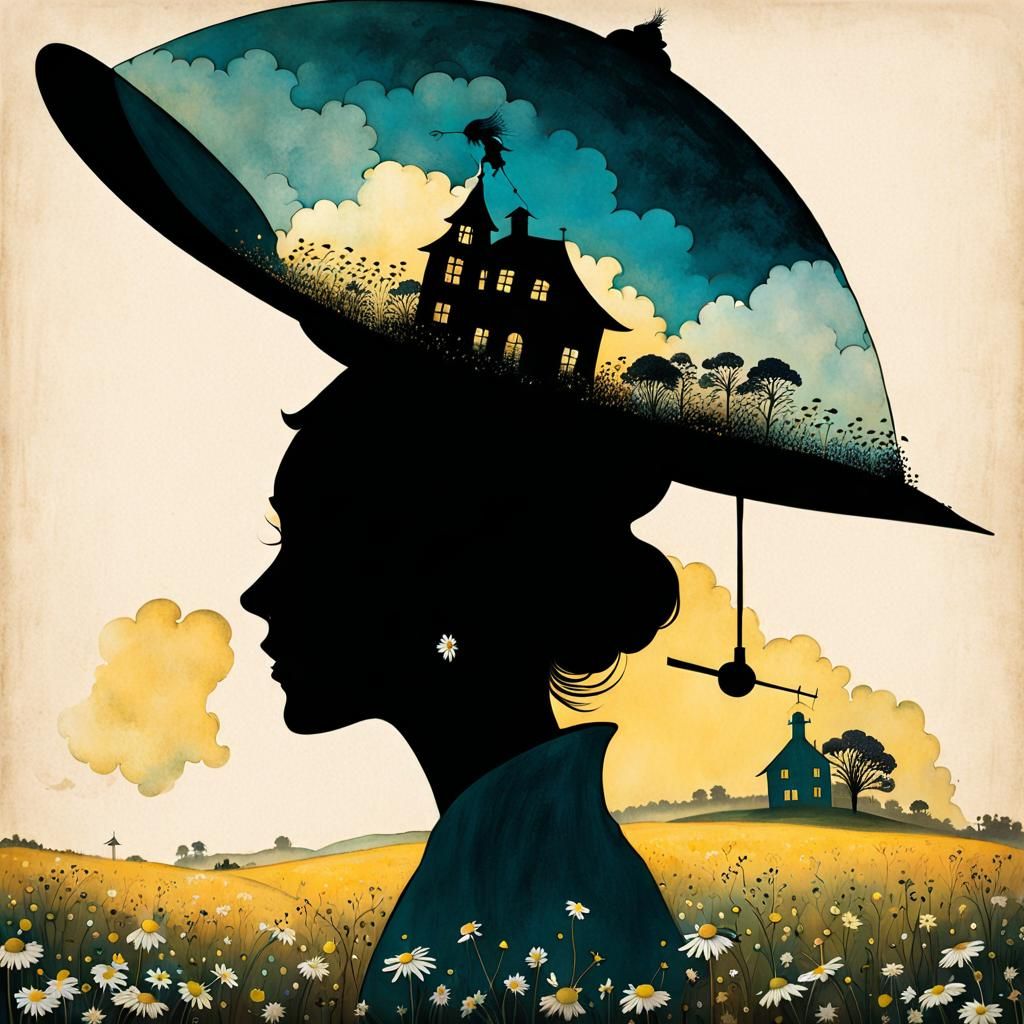 Silhouette with Chamomile Field in Double Exposure Style