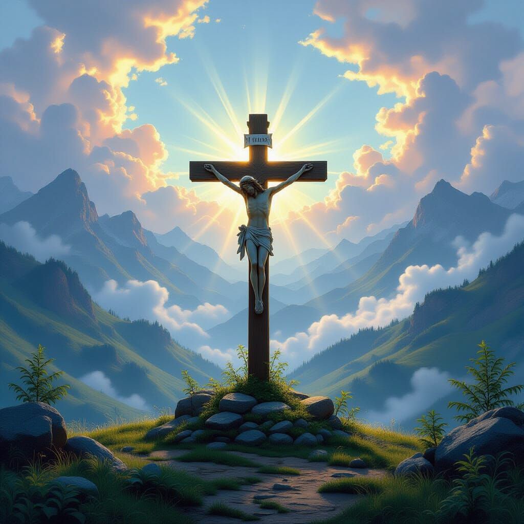 Radiant Cross in Epic Landscape: Digital Matte Painting