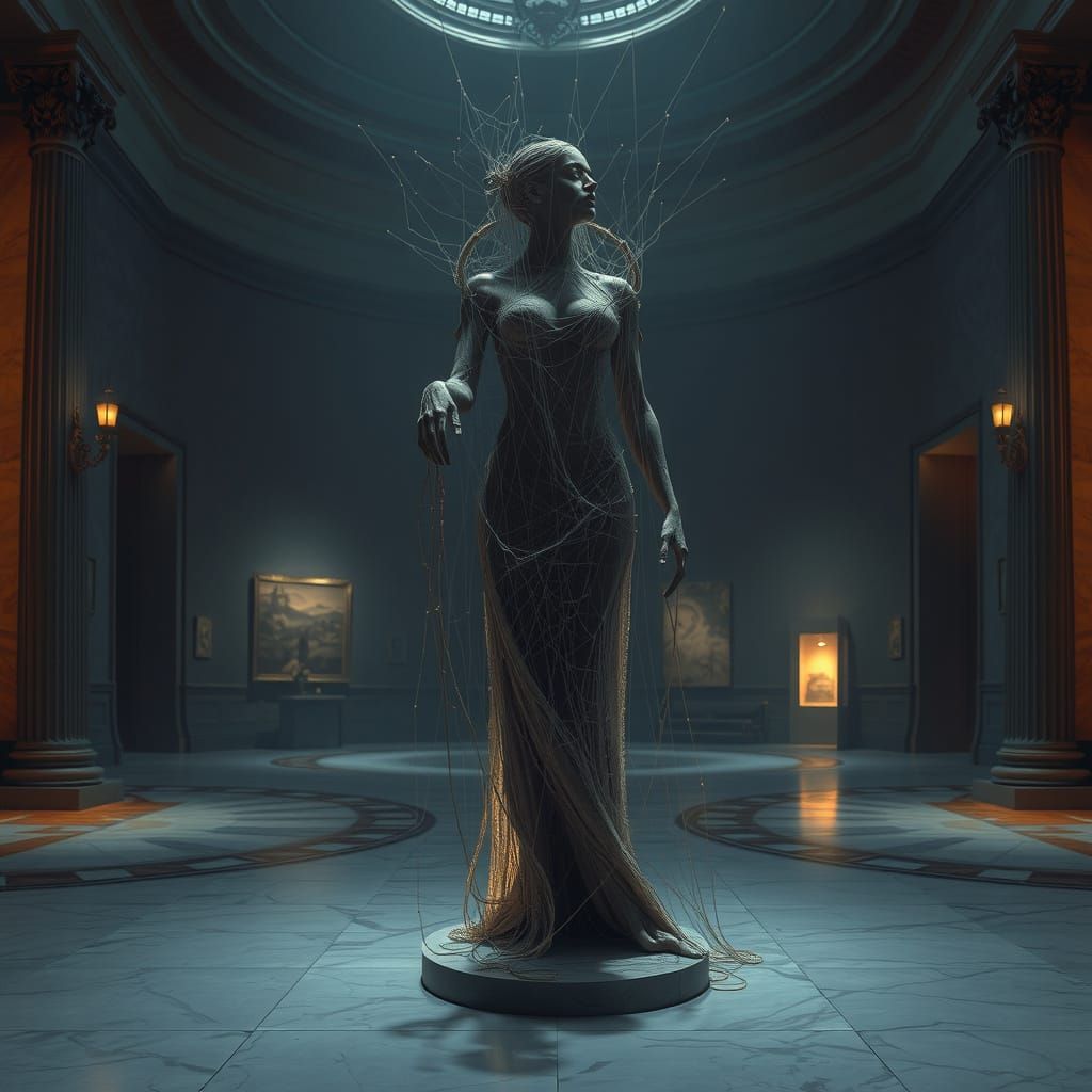 Woman in Spider Web Statue Illuminated by Ethereal Glow