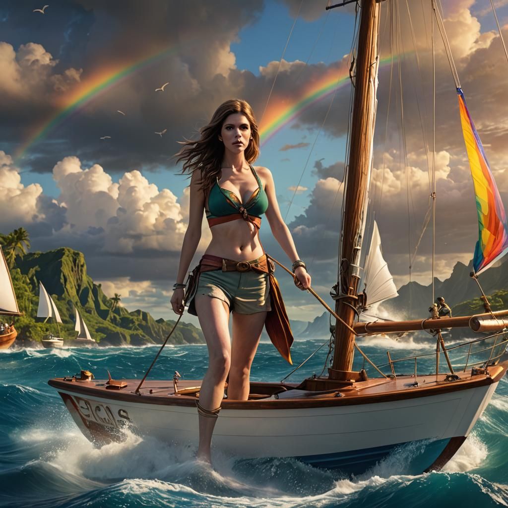 Woman Sailing in Hawaii with Rainbows: Fantasy Art