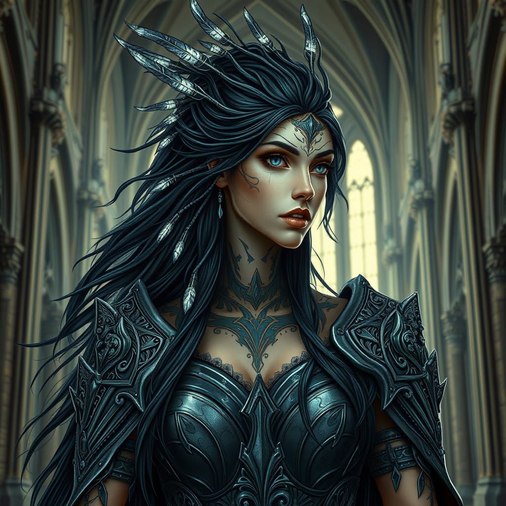 Valkyrie Queen in Gothic Cathedral, Photorealistic Art Nouve...
