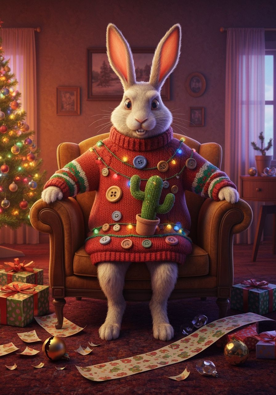 Anthropomorphic Rabbit in Kitsch Christmas Sweater