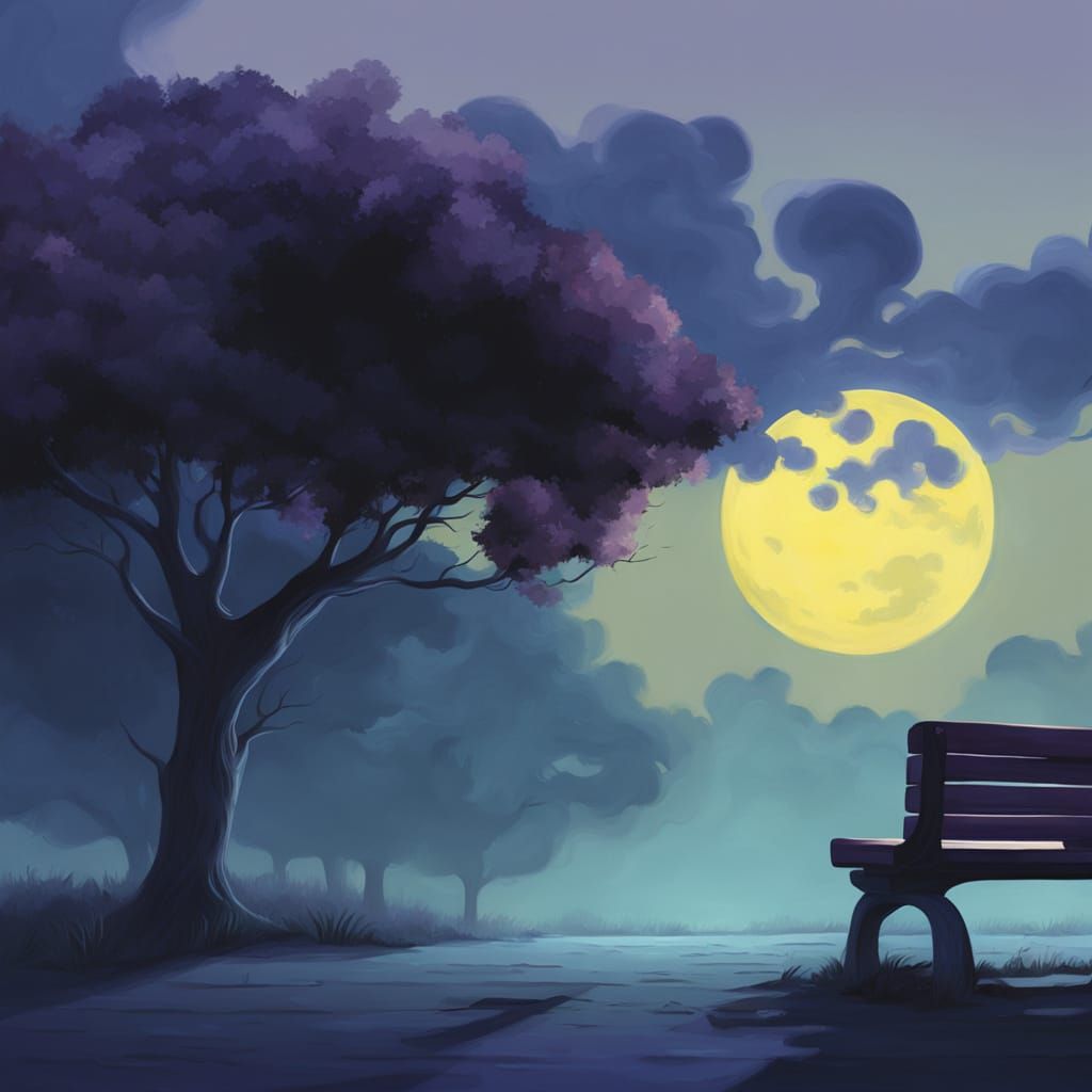 Surreal Park Bench Under Full Moon Oil Painting