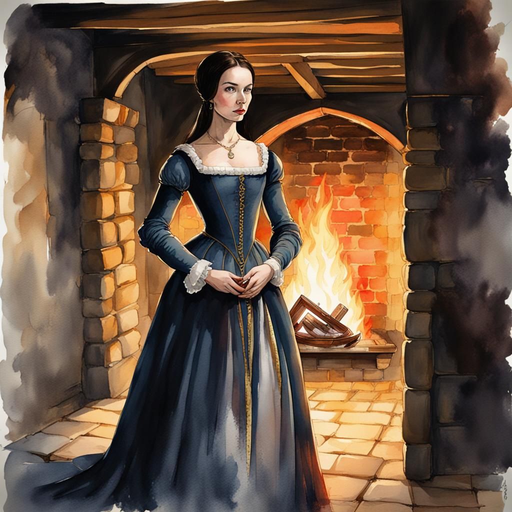 Anne Boleyn Inspired Woman by Fire, Watercolour