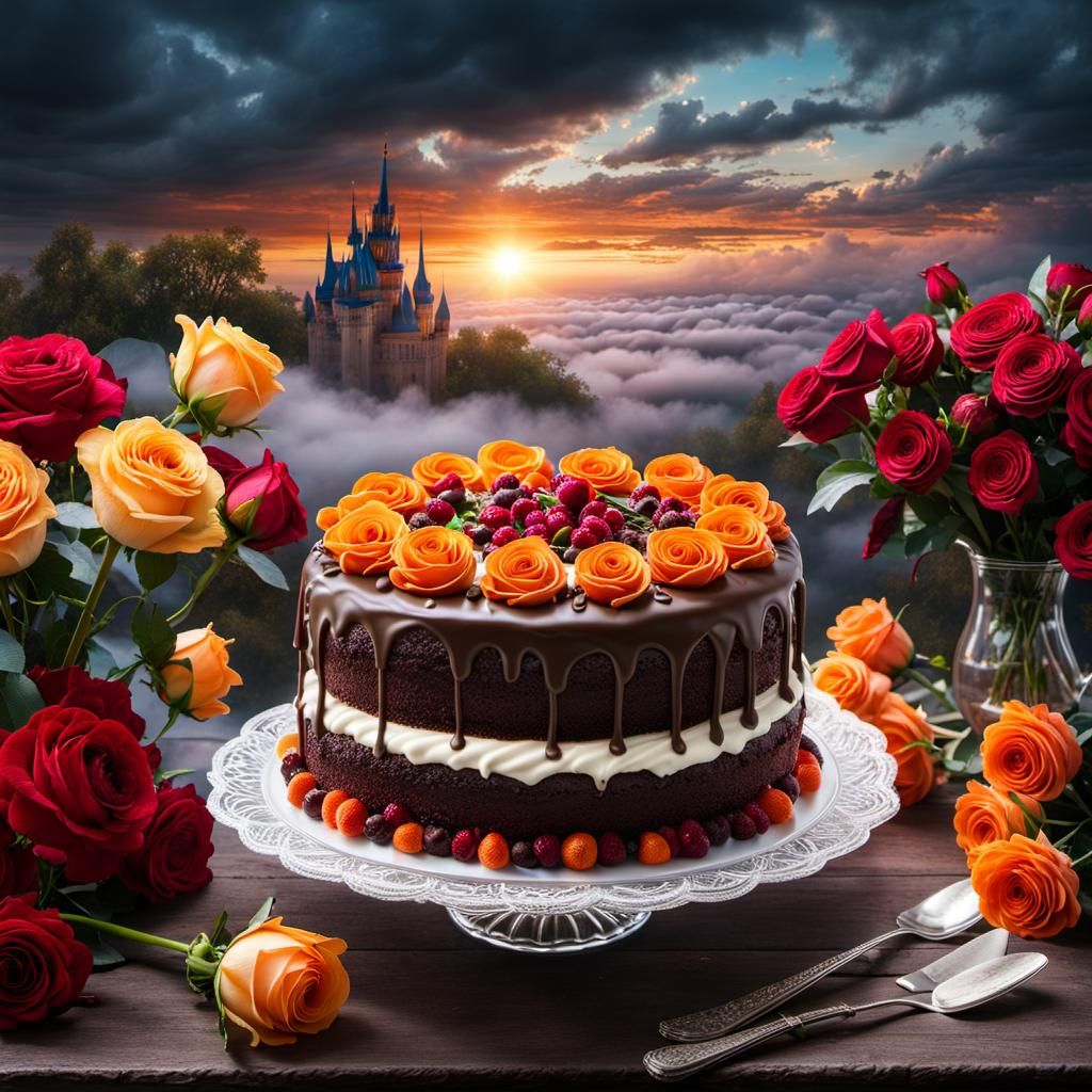 Ethereal Cake Surrounded by Roses in Heavenly Mist