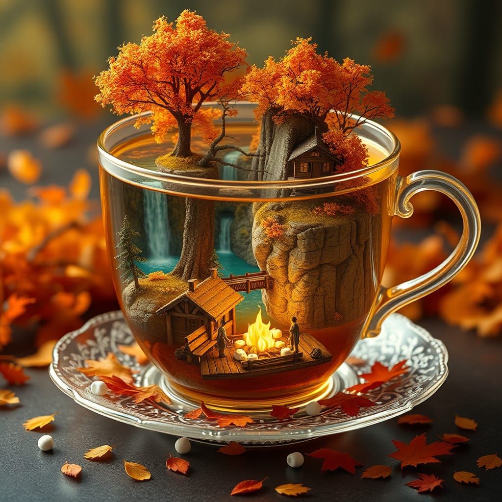 Autumn Landscape Inside Gold Teacup: Photorealistic Renderin...