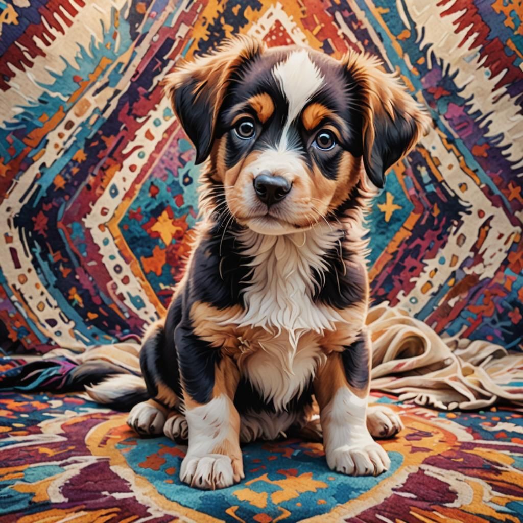 Hyperrealistic Puppy on Colorful Rug in Splash Art