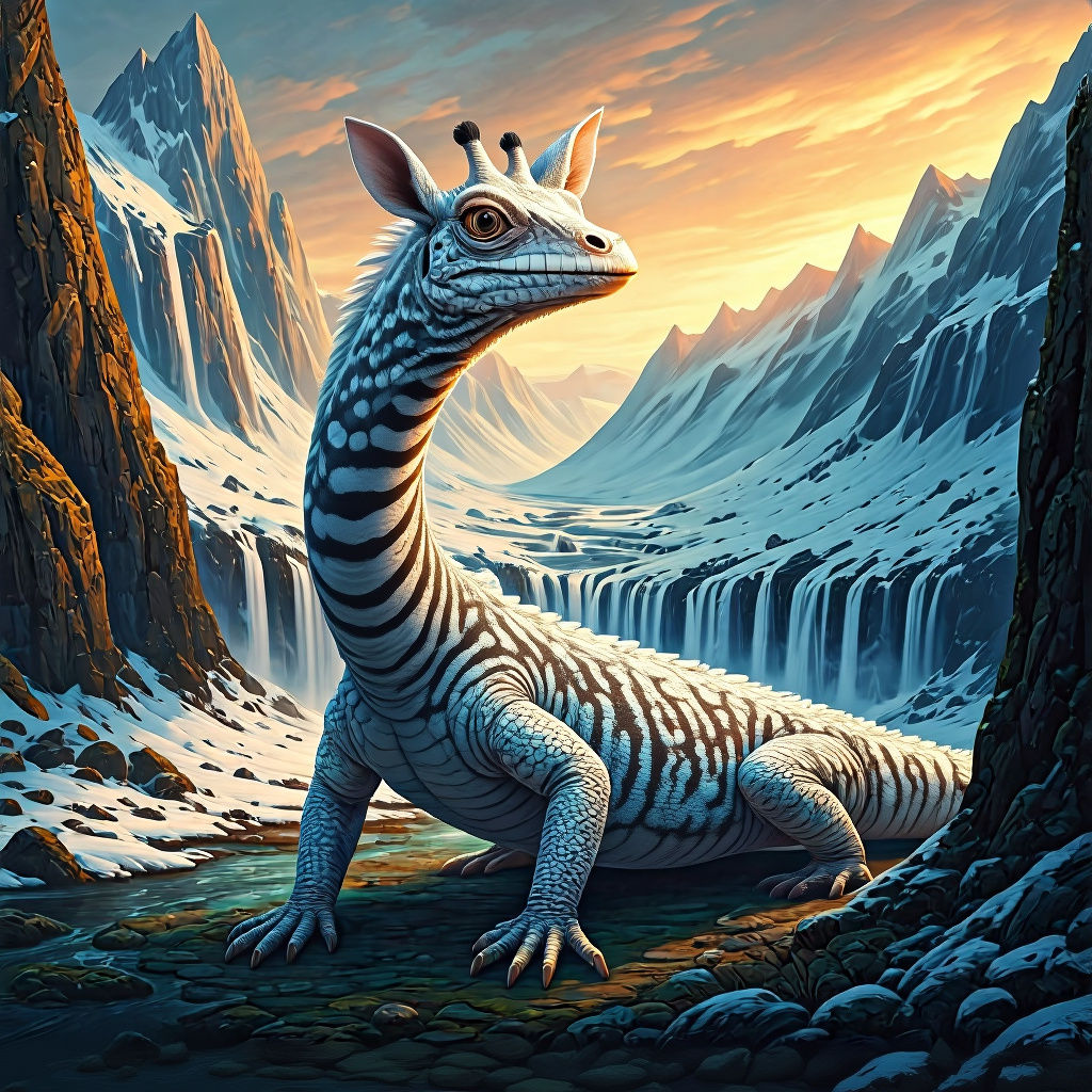 Ethereal Lizard-Giraffe Hybrid in Winter Landscape