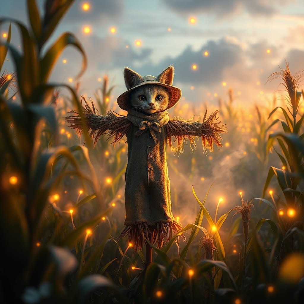 Kitty Scarecrow in Dreamlike Cornfield, Digital Art