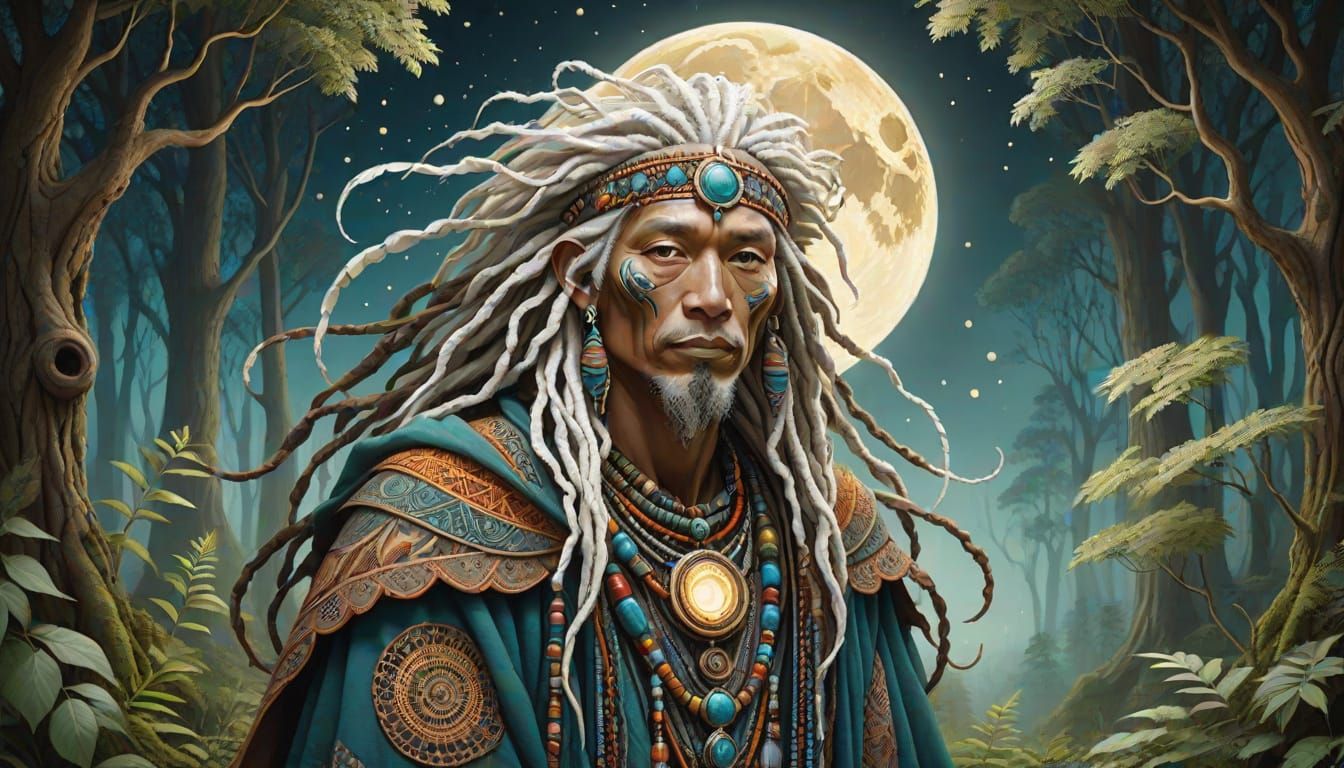 Tribal Wizard Under Full Moon in Sacred Geometry Landscape
