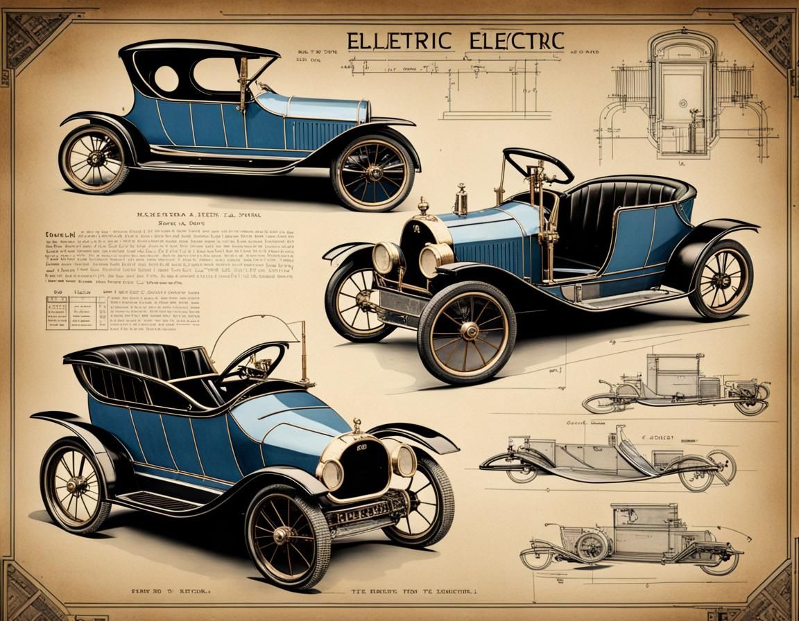 1920s Electric Car Blueprints in Steampunk Style