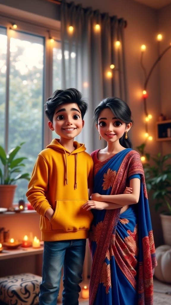 Cute Indian Boy in Diwali Setting, 3D Anime Style