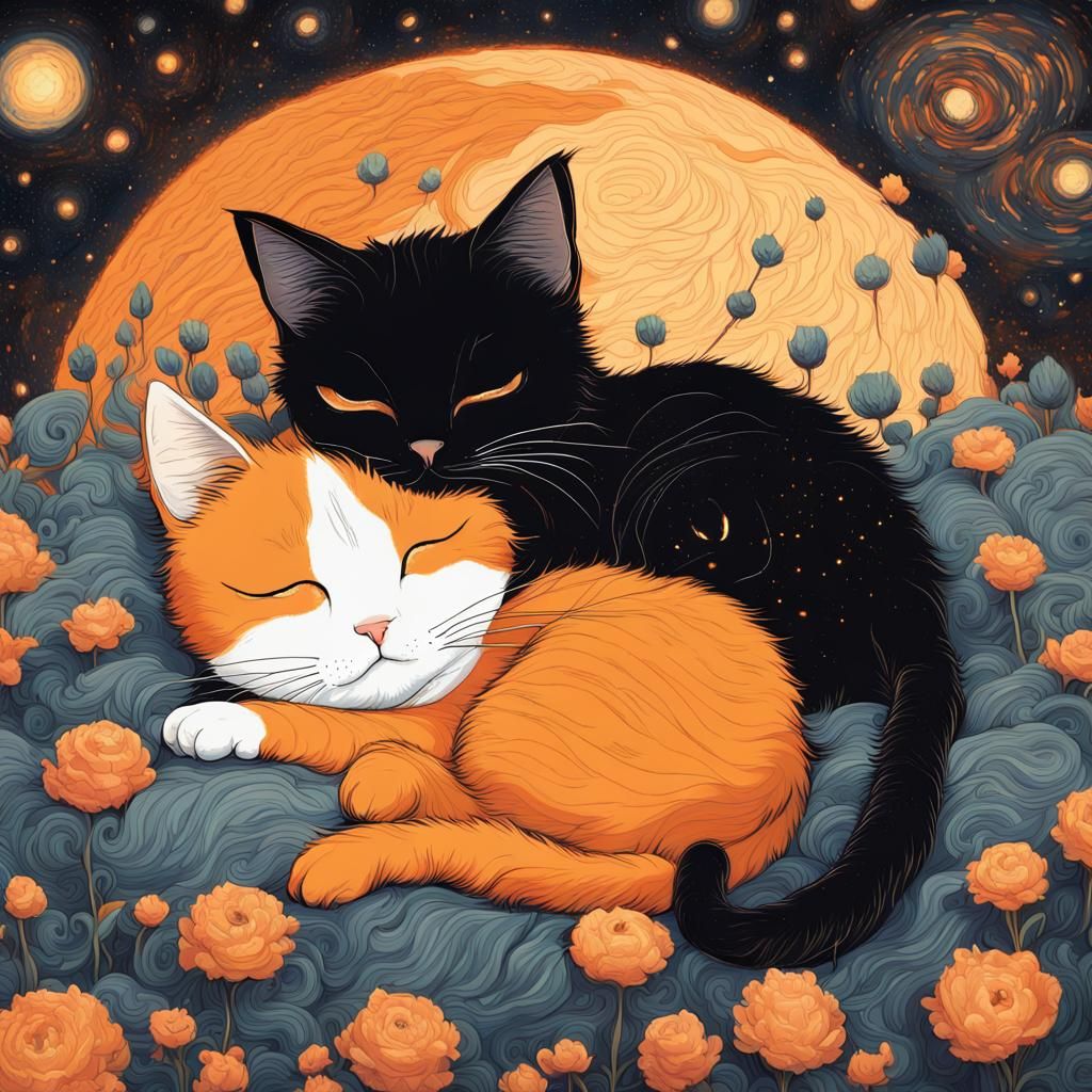 Anime Cats Sleeping: Fantasy Illustration with Astral Patter...
