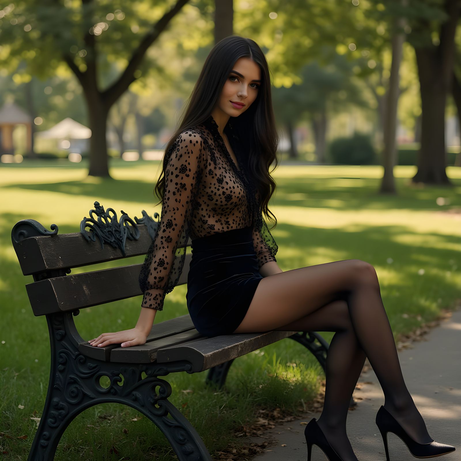 Elegant Woman on Park Bench in Photorealistic Style