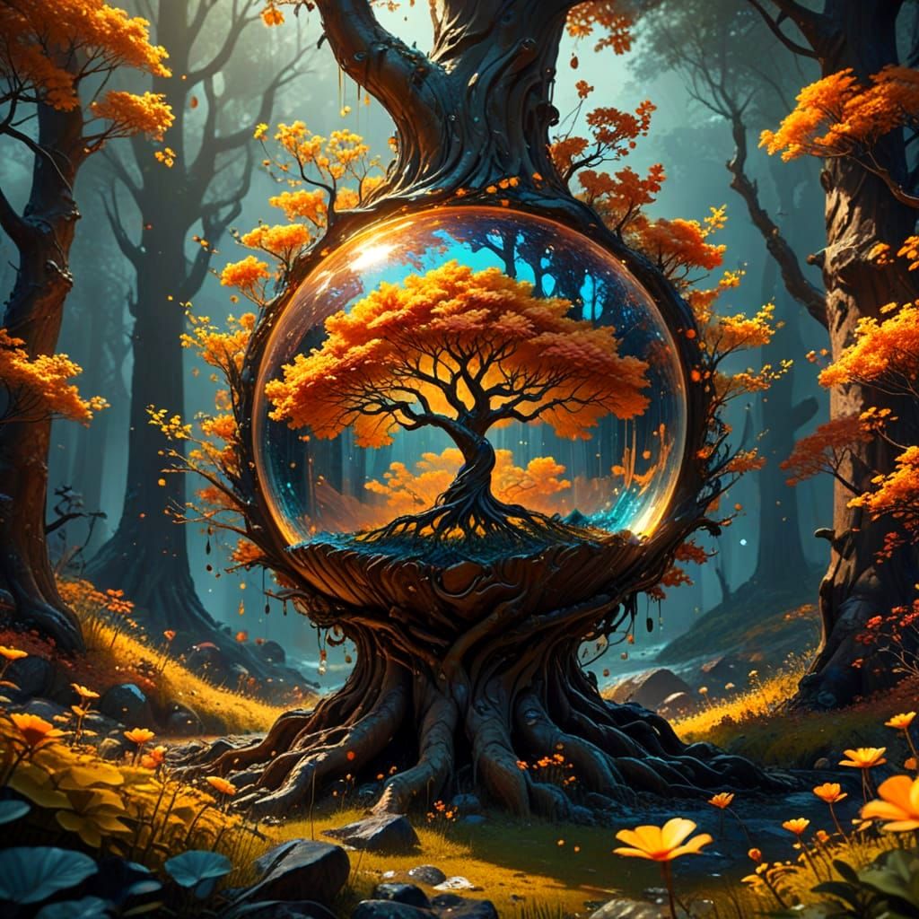 Vibrant Surreal Forest Scene in Triadic Colors