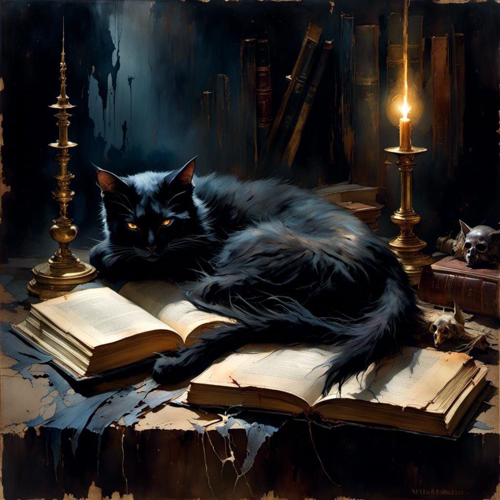 Sinister Black Cat Asleep on Witch's Book