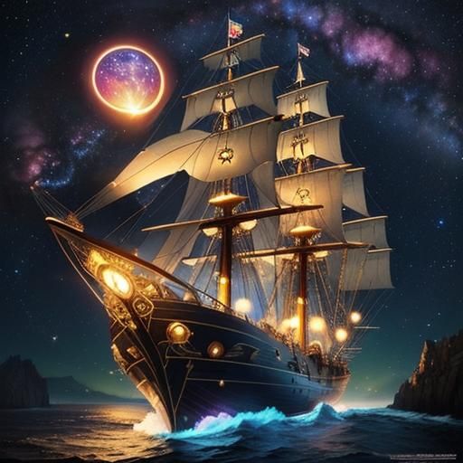 Steampunk Spaceship Soaring Among the Stars