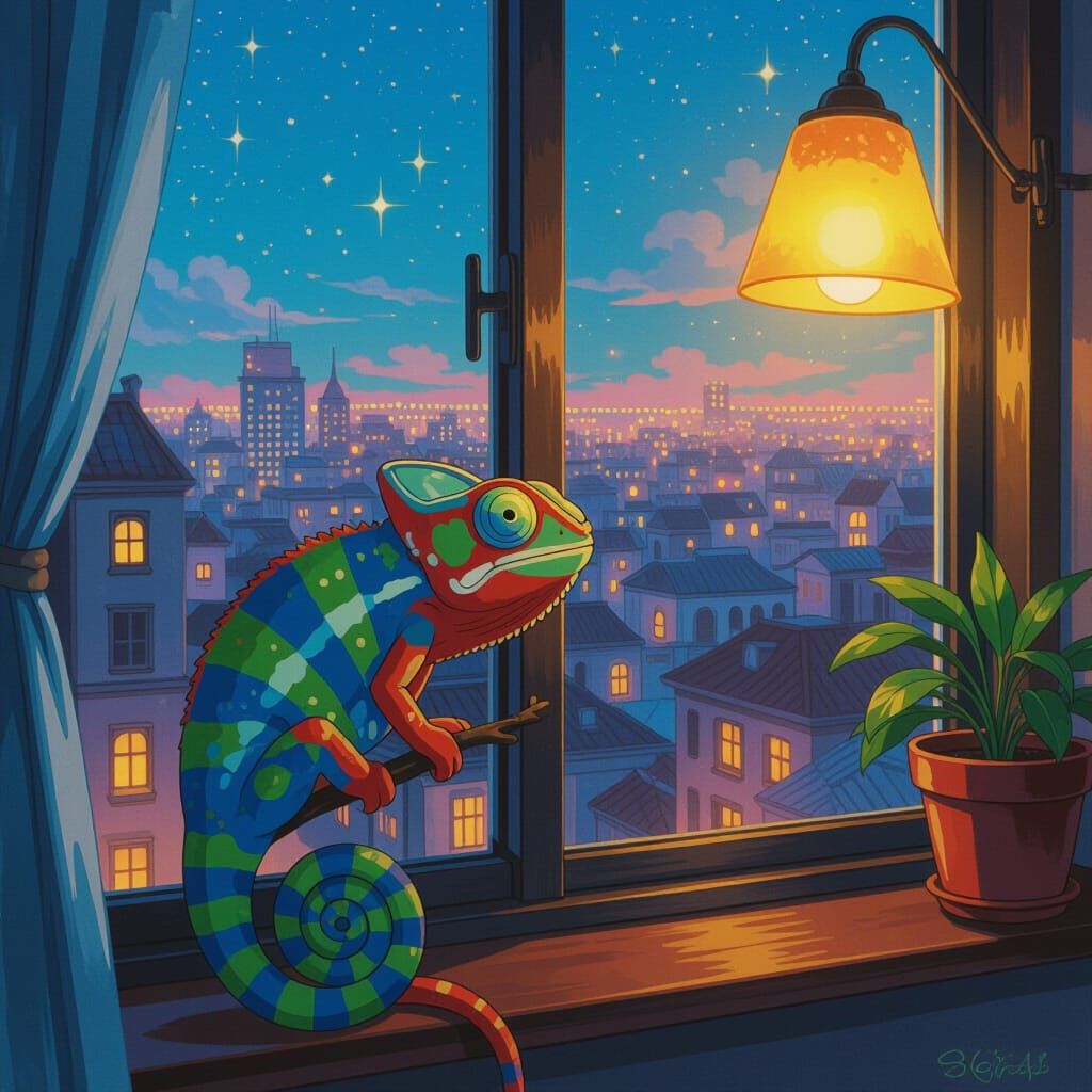 Anime Chameleon by Window Overlooking Cityscape
