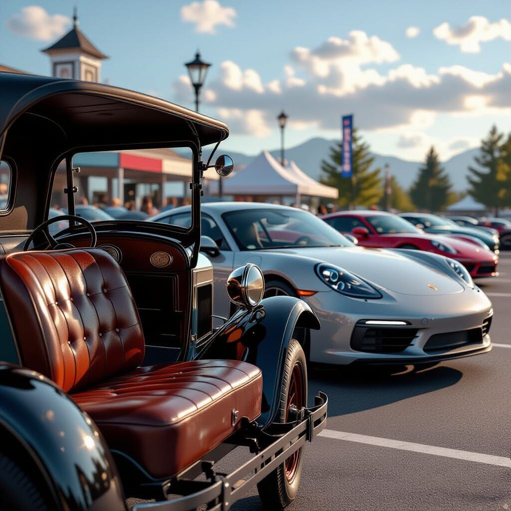 Vintage Ford vs Modern Porsche at Car Show, Photorealistic