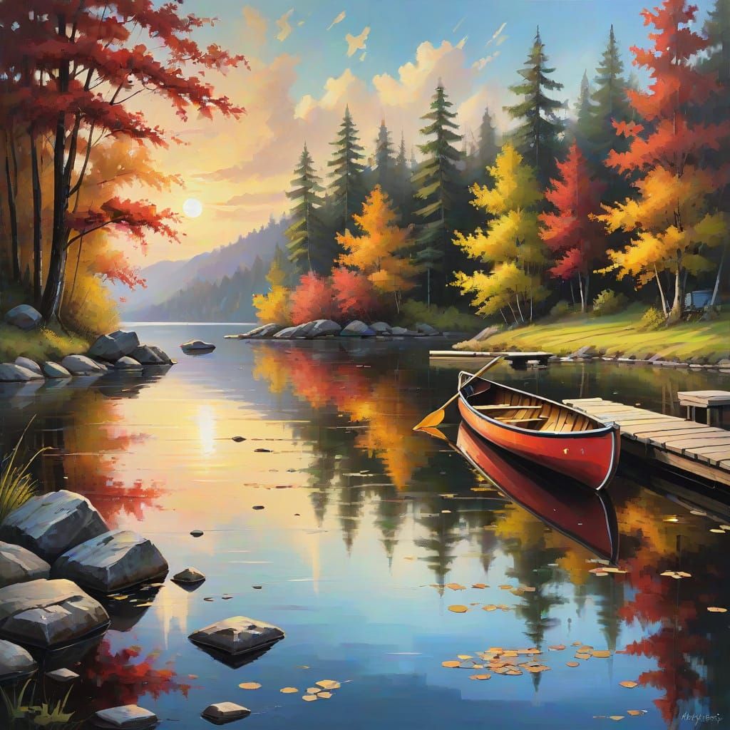 Serene Lake with Canoe in Impressionist Style