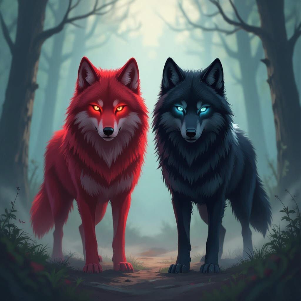 Two Furry Wolves, Red and Black, in Mystical Forest