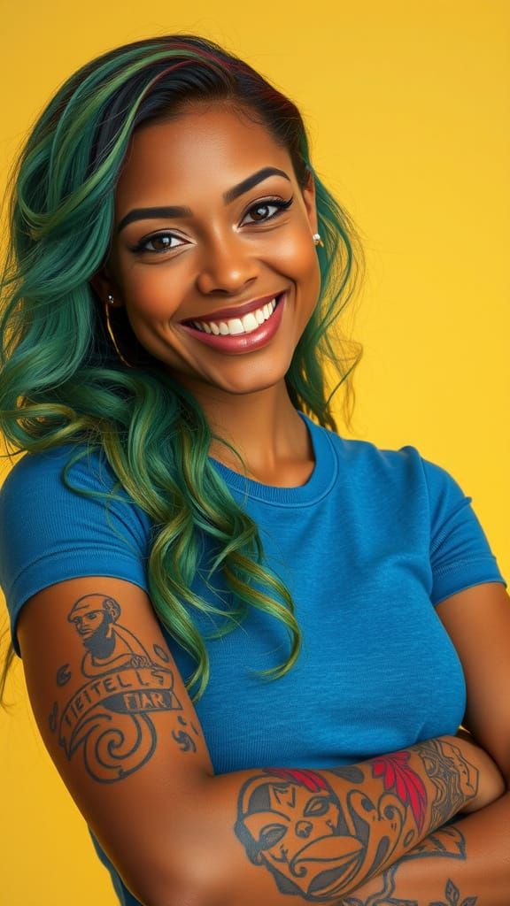 Smiling Woman with Green and Red Hair