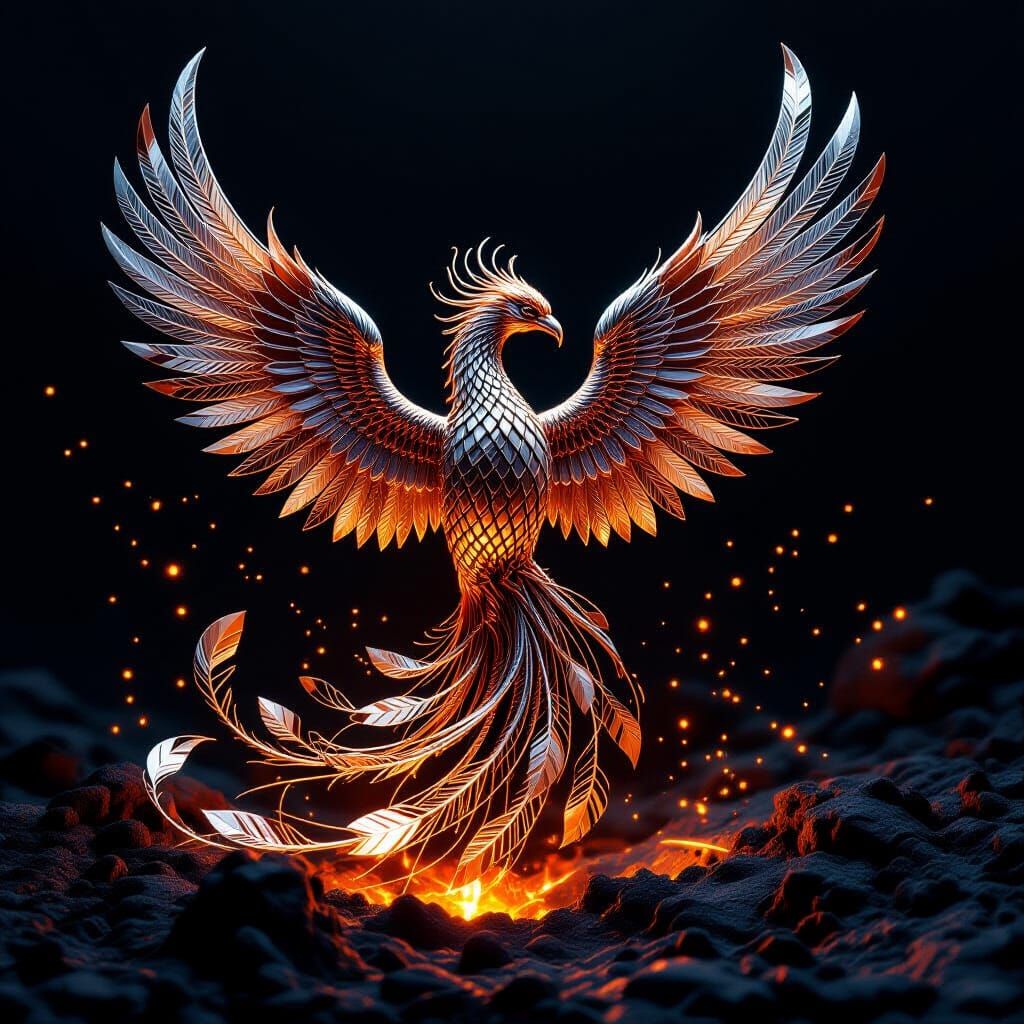 Metallic Phoenix Sculpture in Mid-Flight