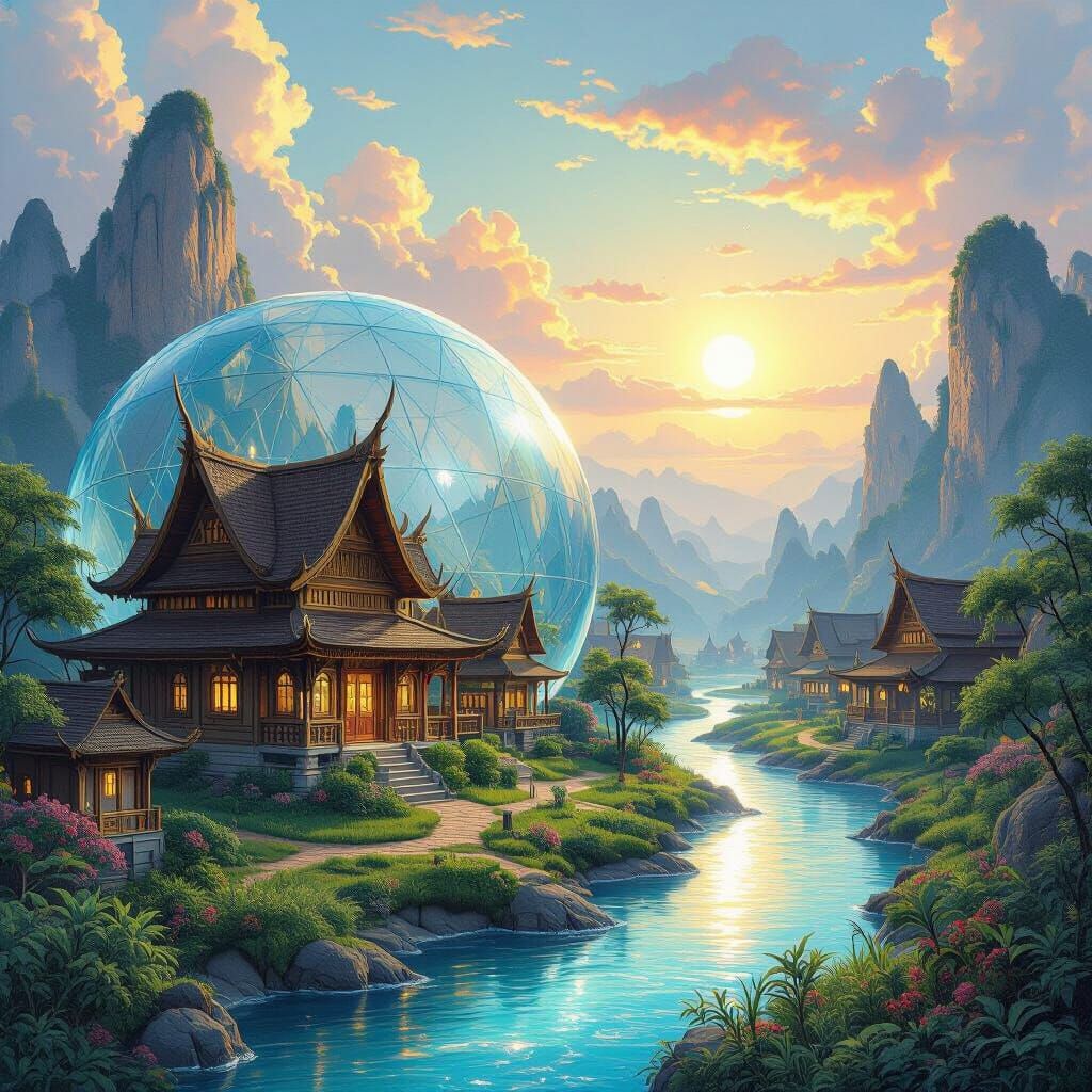 Alien Village in Glass Dome: Thai Painting Style