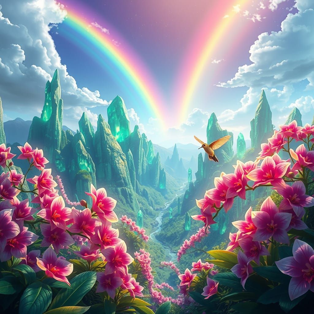 Emerald Crystal Valley with Rainbow, Anime Style