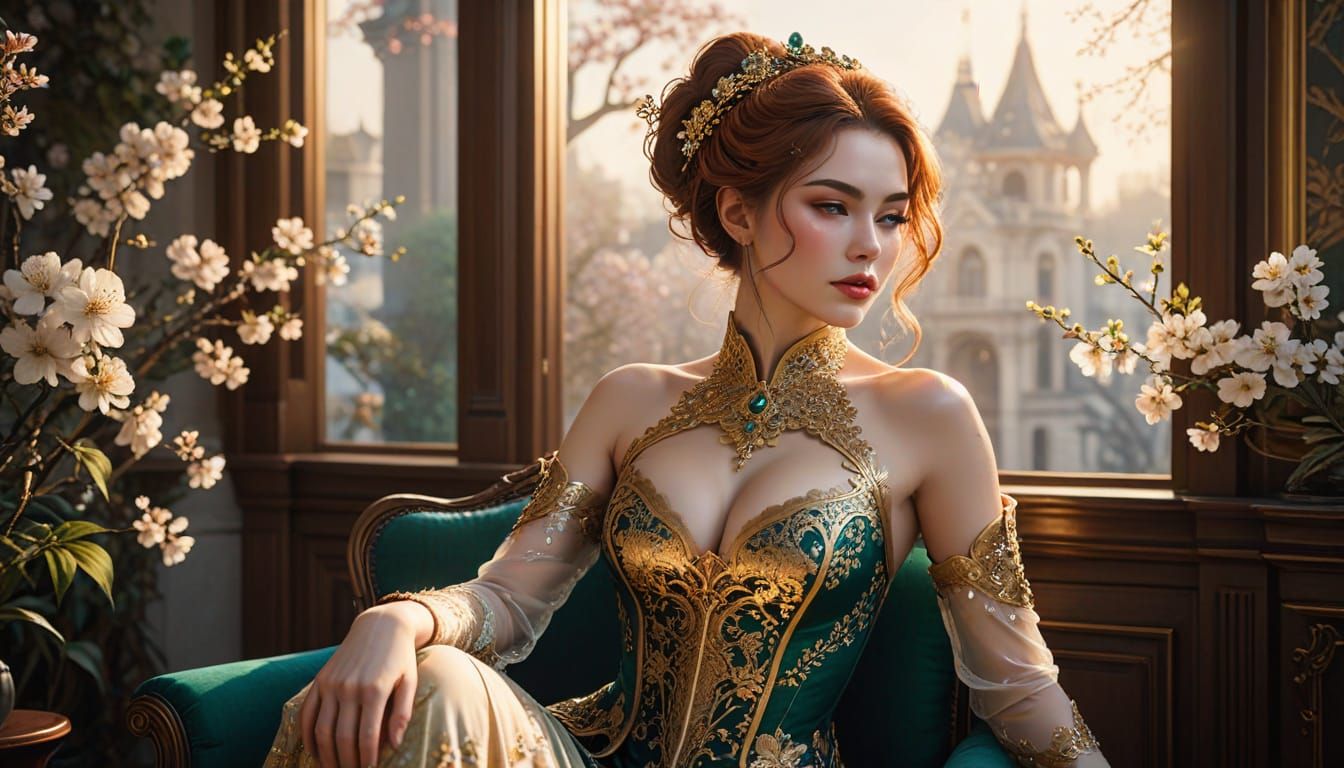 Masked Woman Portrait in Art Nouveau Style