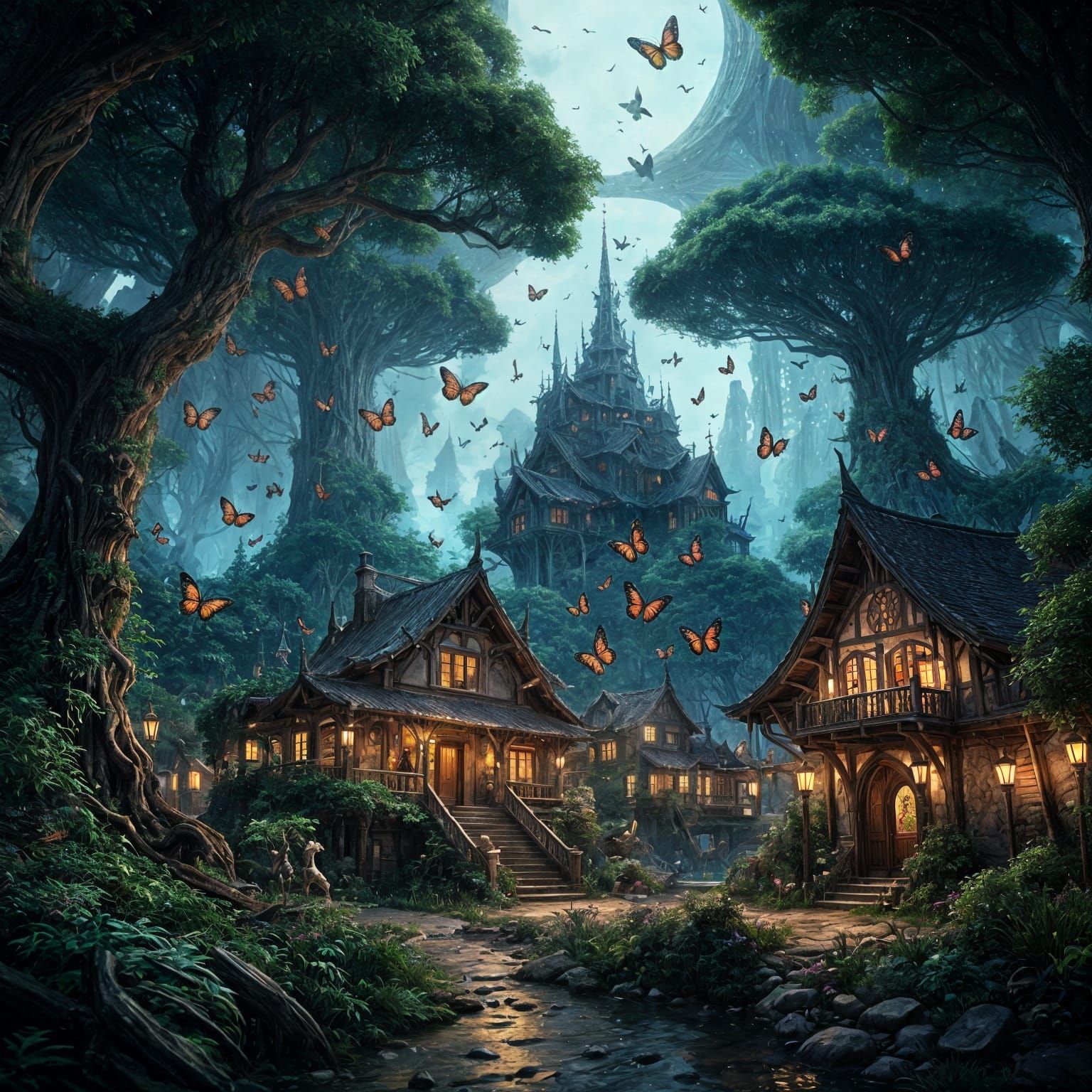 Bioluminescent Butterflies in Enchanted Forest Canopy