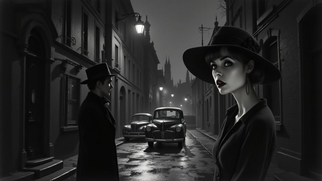 Film Noir Woman in Rainy Alley