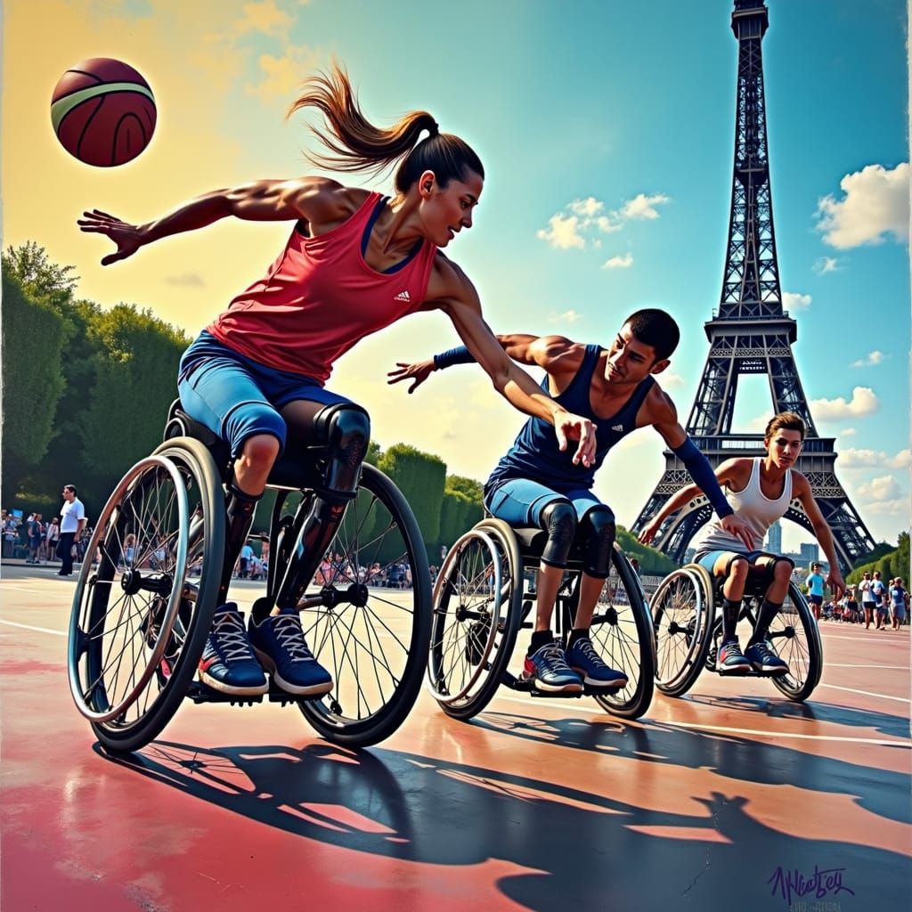 Paralympic Athletes Play Basketball in Paris: Street Art