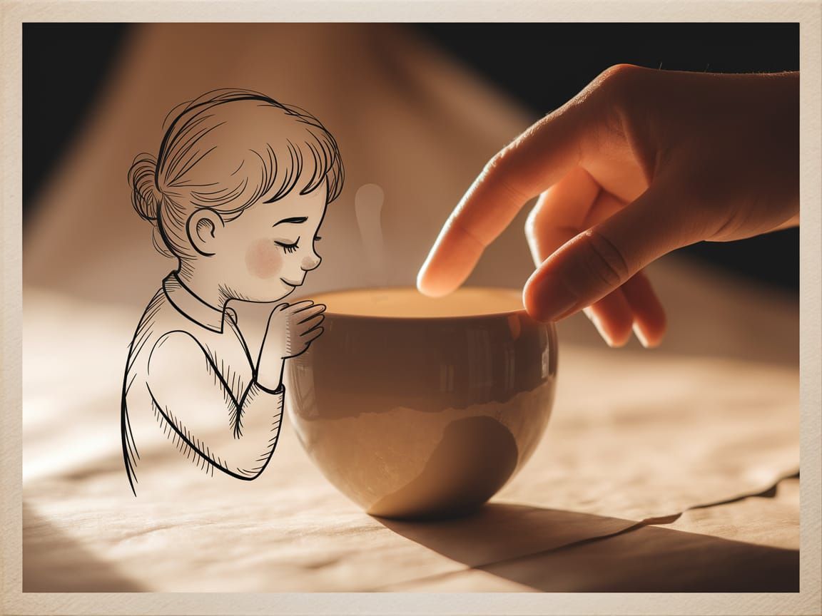 Hand-Drawn Character Holds Ceramic Cup in Studio