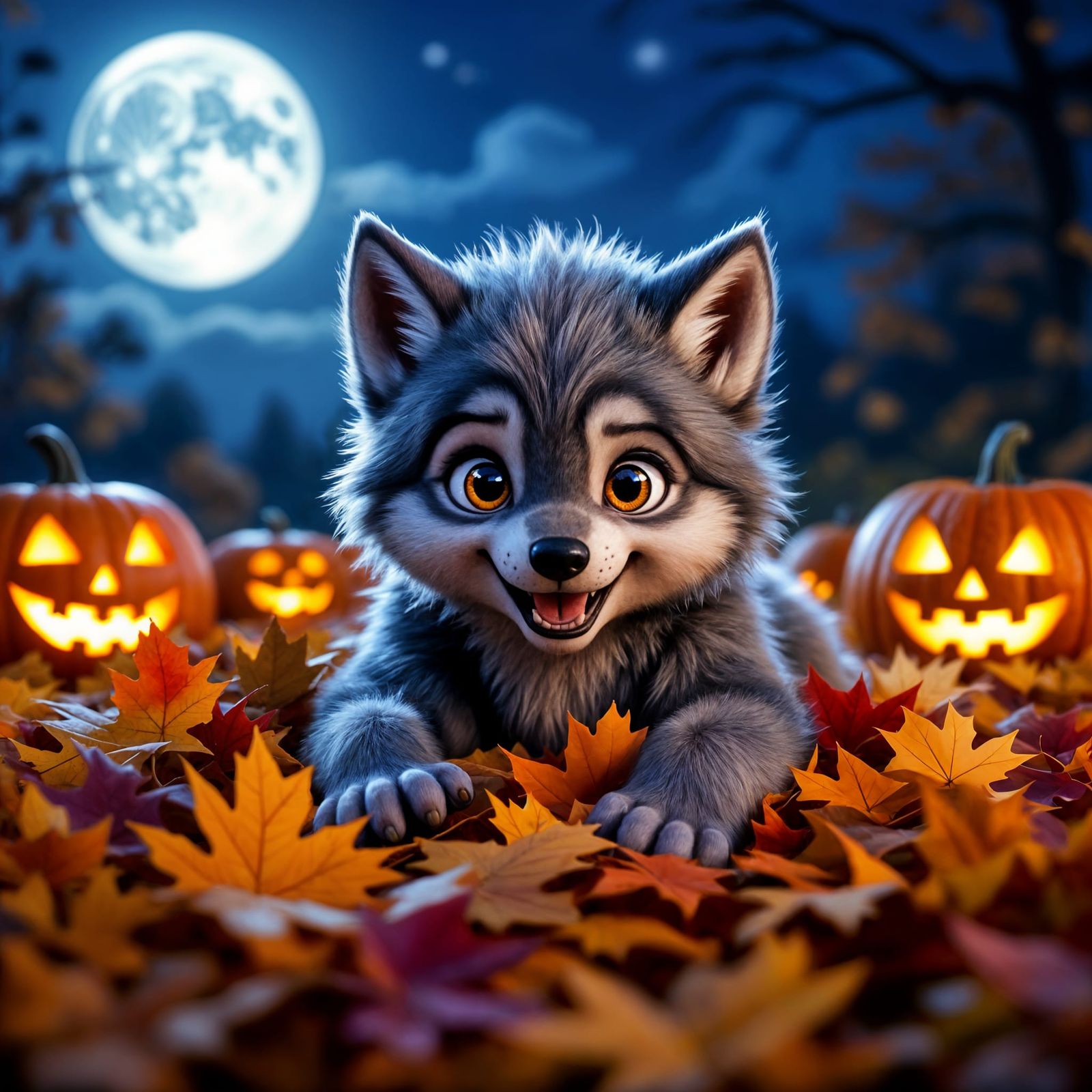 Adorable Baby Werewolf Plays in Autumn Leaves