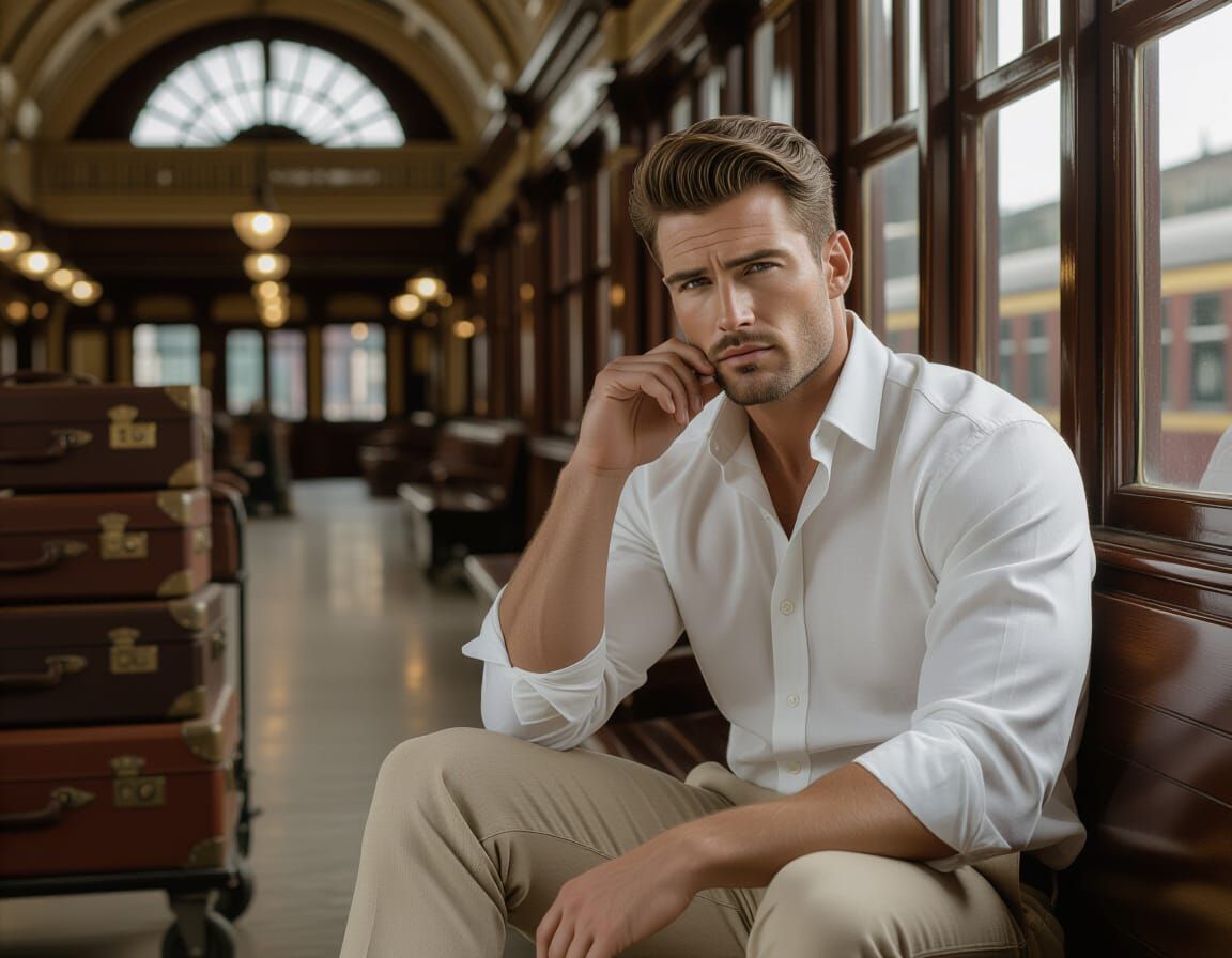 Victorian Man Pensively Waiting on Train Platform