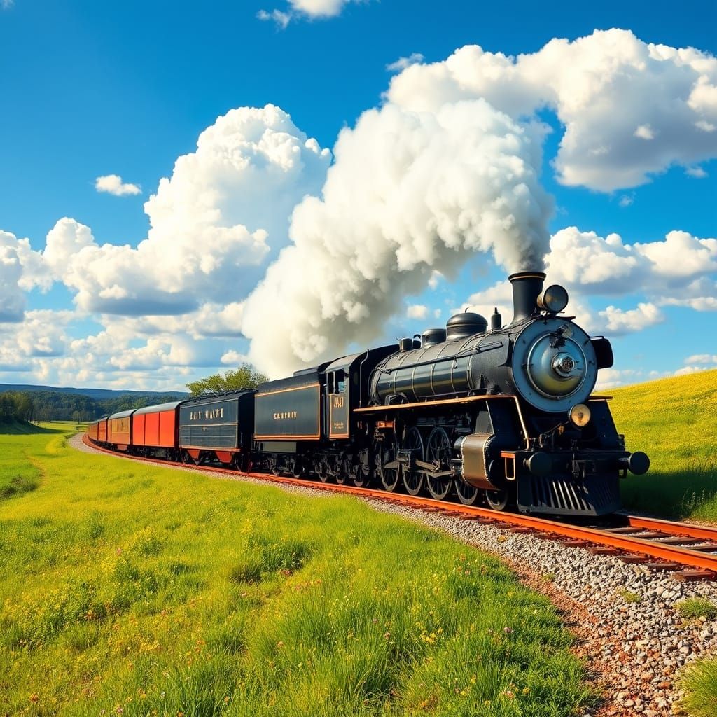 Majestic Steam Locomotive Chugs Through Lush Countryside