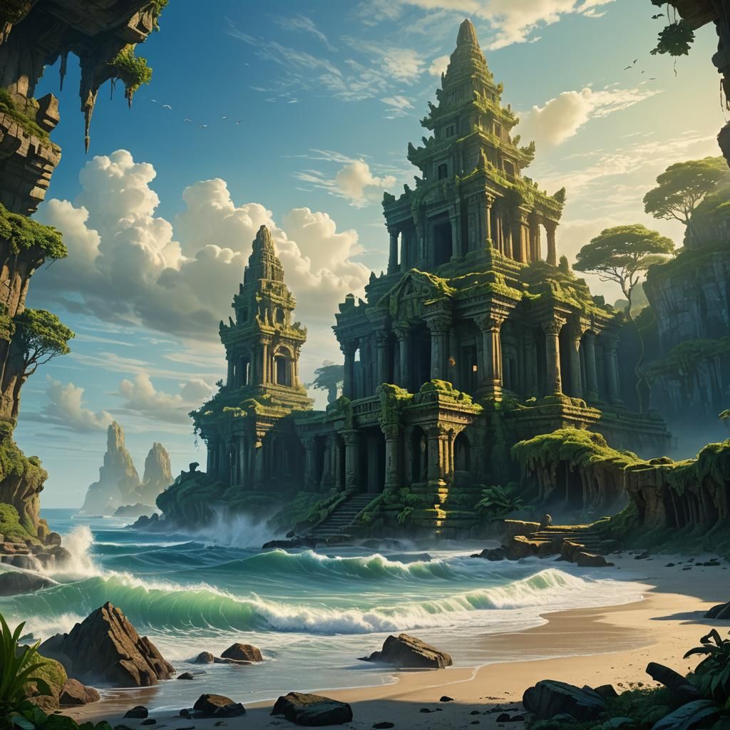 Seashore Temple Ruins in Dreamlike Matte Painting