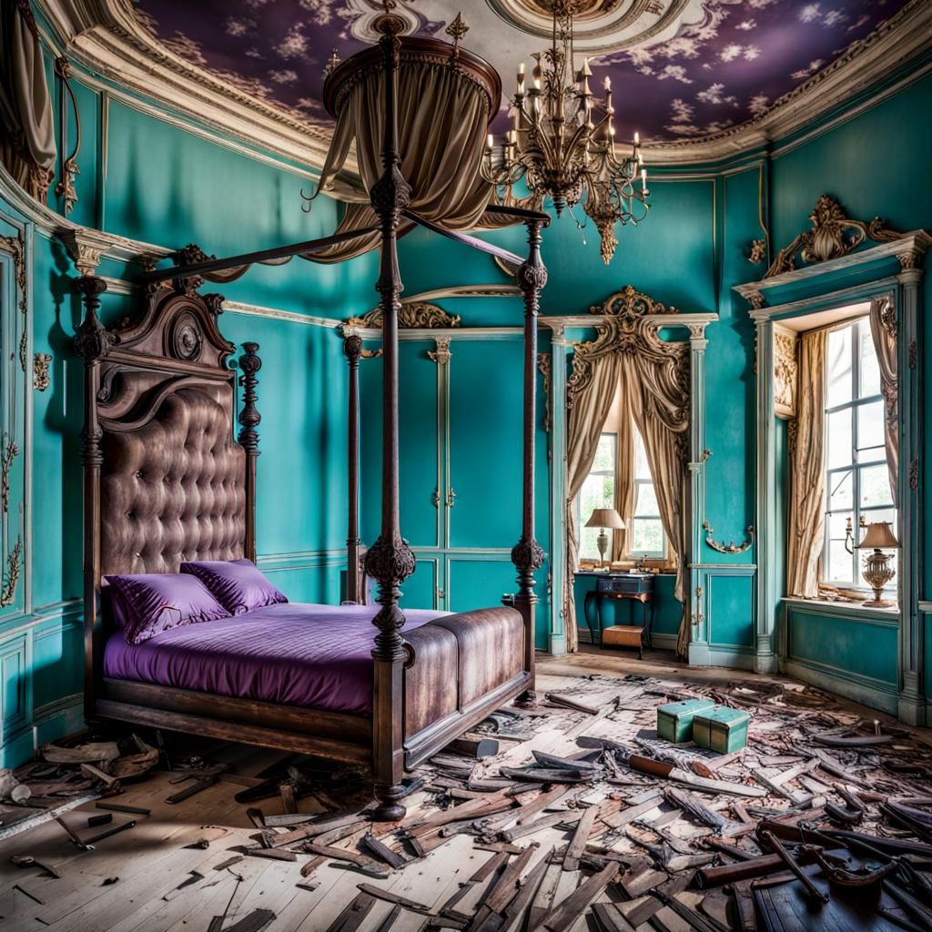 Abandoned Mansion Bedroom with Broken Bed