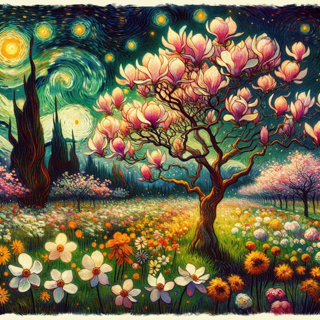 blooming magnolia tree in field of flowers at night:1.8), combining the artistic brilliance of Vincent Van Gogh and Salv...