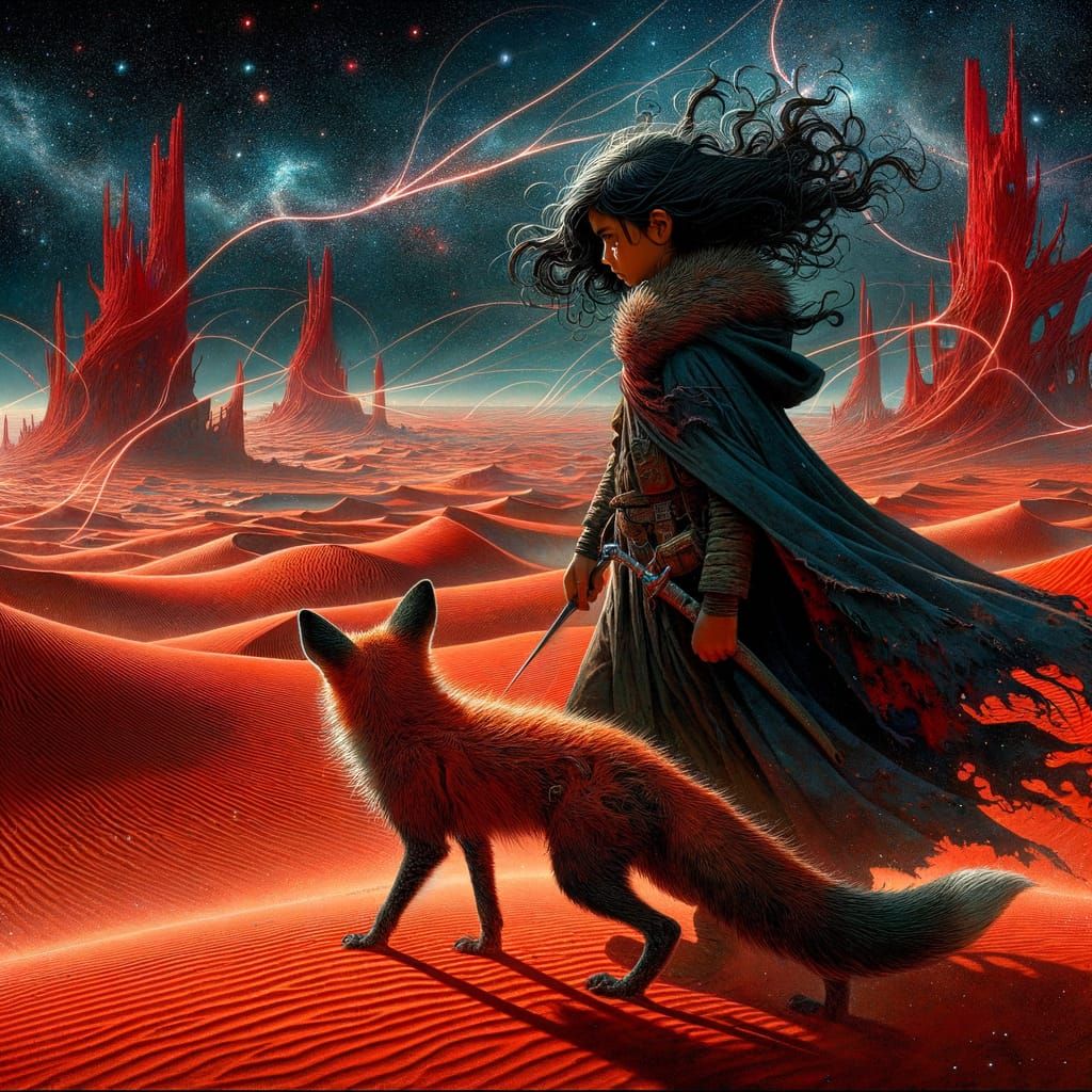 Crysethe roams the desert with her trusty dune fox, Drupchak...