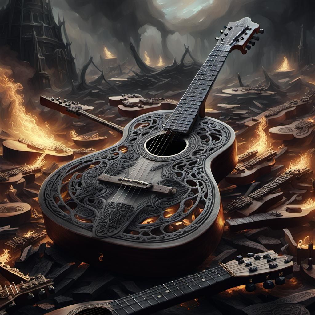 Guitar on Battlefield in Dark Fantasy Style