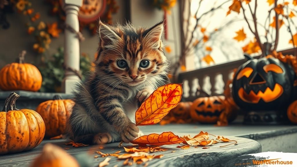 Kitten's Autumn Play: Ink Splatter Halloween Scene